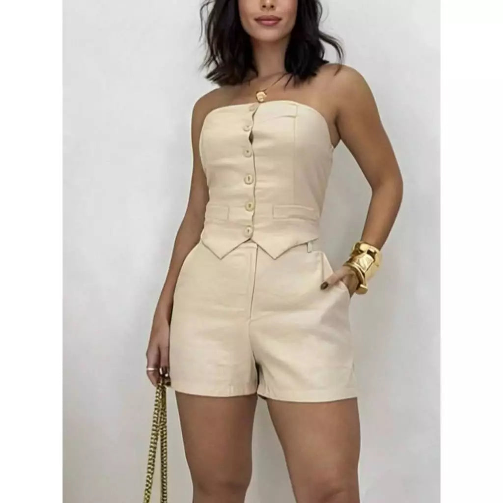 Conjunto Feminino Alfaiataria Short com Bolso + Cropped Tomara que Caia