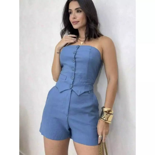 Conjunto Feminino Alfaiataria Short com Bolso + Cropped Tomara que Caia