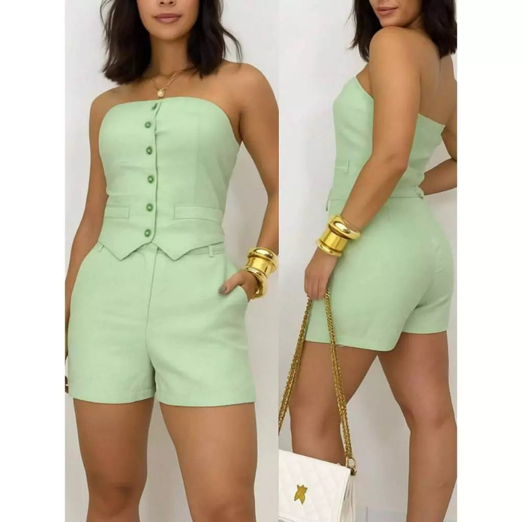 Conjunto Feminino Alfaiataria Short com Bolso + Cropped Tomara que Caia