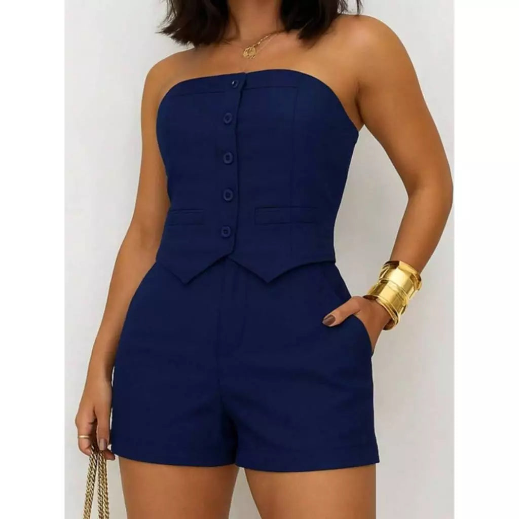 Conjunto Feminino Alfaiataria Short com Bolso + Cropped Tomara que Caia