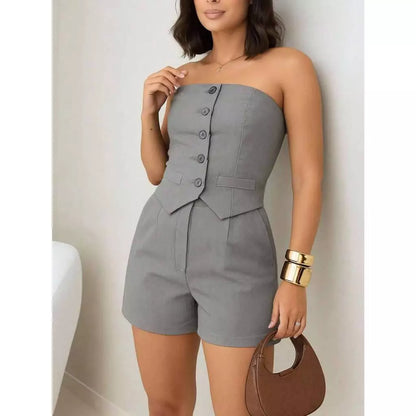 Conjunto Feminino Alfaiataria Short com Bolso + Cropped Tomara que Caia