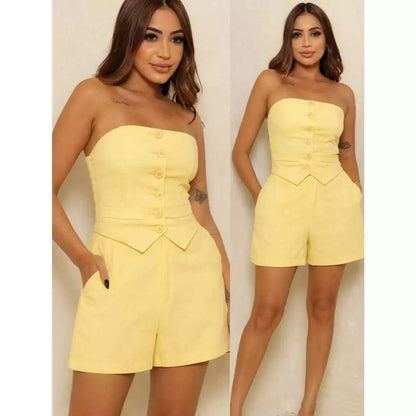 Conjunto Feminino Alfaiataria Short com Bolso + Cropped Tomara que Caia