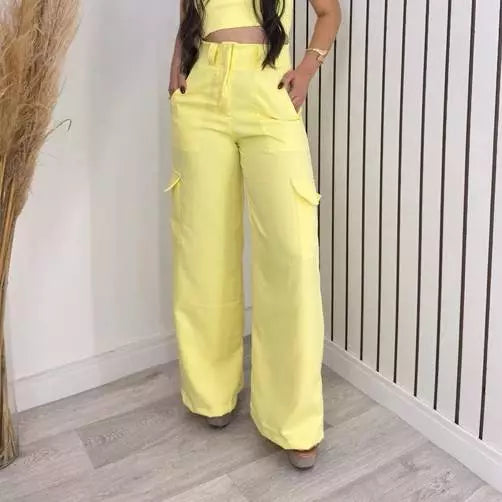 Calça Cargo Alfaiataria Feminina Pantalona WideLeg com Bolsos Laterais