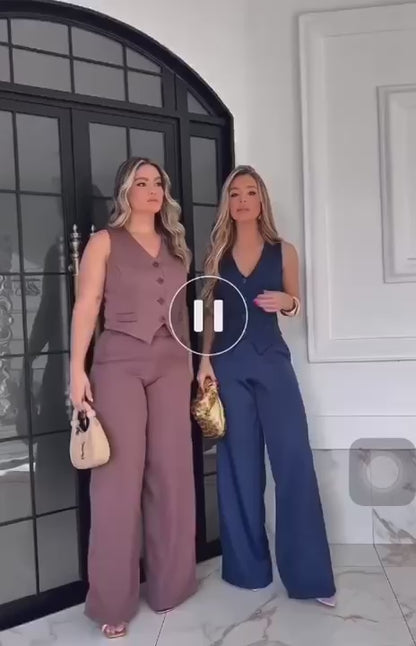 Conjunto Social Colete e Calça Pantalona Cintura alta bolsos Alfaiataria Colete Botões e Plus Zise